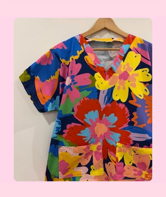 BLUE POSY PRINTED SCRUB TOP