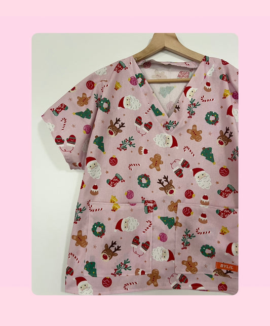 Pink Christmas Scrub Top
